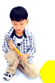 Asian Little boy with tools - isolated on white background