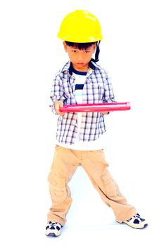 Asian little boy with blank marker board - isolated on white background