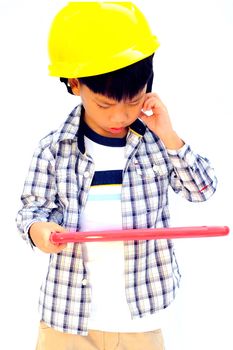 Asian little boy with blank marker board - isolated on white background