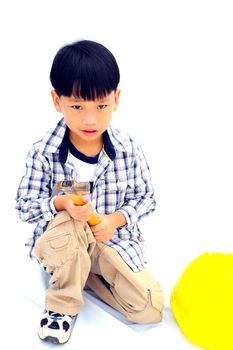 Asian Little boy with tools - isolated on white background