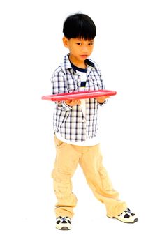 Asian little boy with blank marker board - isolated on white background