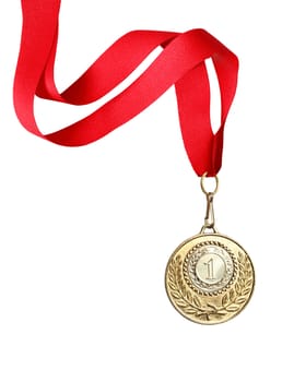 Gold medal with red ribbon on white background. Clipping path is included