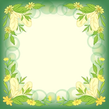 Abstract floral background: leaves, flowers, feathers and circles on green and white
