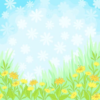 Abstract background, yellow flowers in the meadow, and white in the blue sky