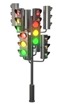 Large group of traffic lights on single stand, isolated on white