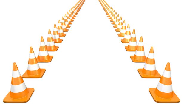 Two lines of traffic cones, isolated on white background