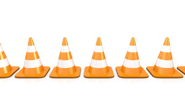 Line of traffic cones, isolated on white background