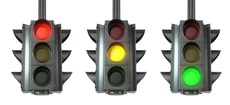 Set of traffic lights, red, green and yellow, isolated on white background