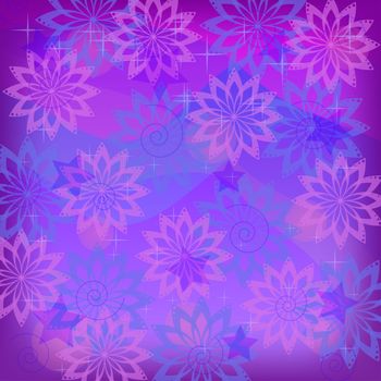 Abstract lilac and blue background: symbolical flowers, curves and stars