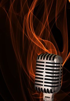 Shiny classic microphone on abstract flame background