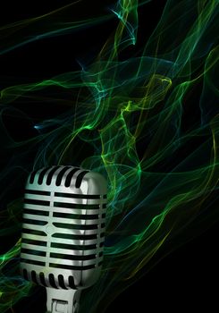 Silver vintage microphone on abstract background