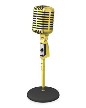 Golden classic microphone on black stand, isolated on white background