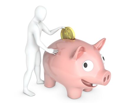 Abstract white guy puts coin into piggy bank, isolated on white background