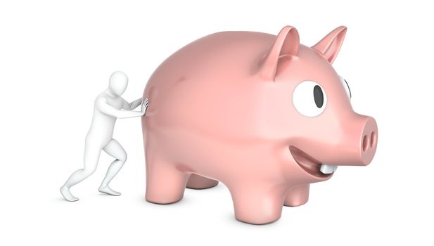 Abstract white man holds pushes giant piggy bank, isolated on white background