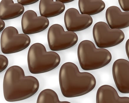 Many heart shaped chocolate candies, isolated on white background