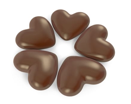 Five heart shaped chocolate candies, isolated on white background