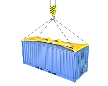 Freight container hoisted on container spreader, isolated on white background