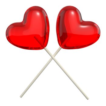 Two crossed heart shaped lollipops, isolated on white background