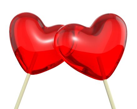 Two heart shaped lollipops, closeup, isolated on white background