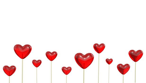 A lot of heart shaped lollipops, isolated on white background