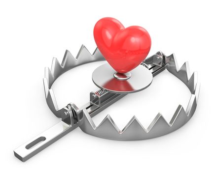 Red heart in a bear trap, isolated on white background