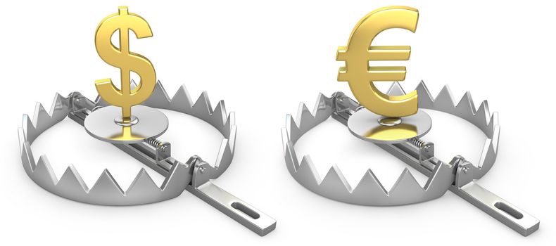 Dollar and yen symbols in a bear trap, isolated on white background