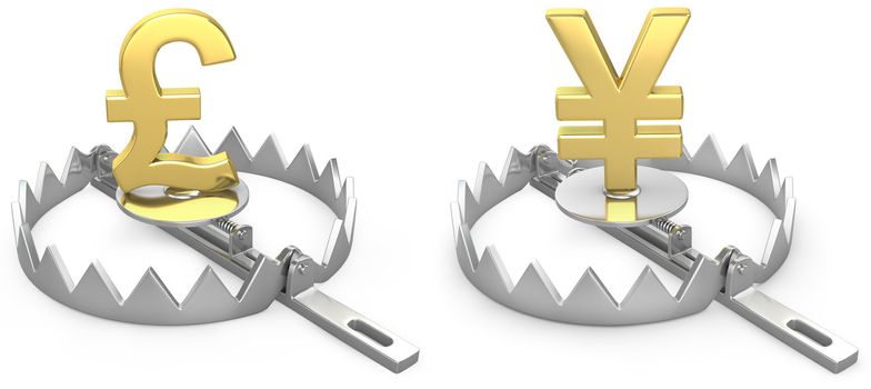 Pound and yen symbols in a bear trap, isolated on white background