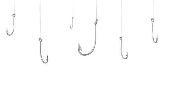 A lot of fishing hooks, isolated on white background