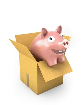 Piggy bank in a carton box, isolated on white background