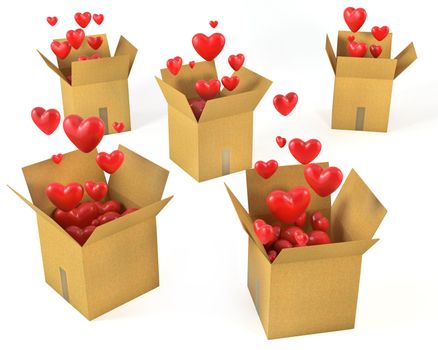 A lot of carton boxes with red hearts flying out of them, isolated on white background