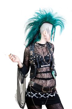 green haired postpunk girl is smoking on white background
