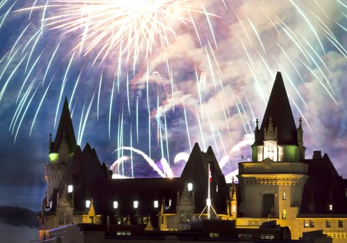 Fireworks display on Canada Day behind the Fairmont Hotel.
