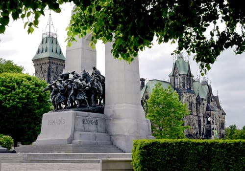 The National War Memorial with the Parliament East Block in the background.