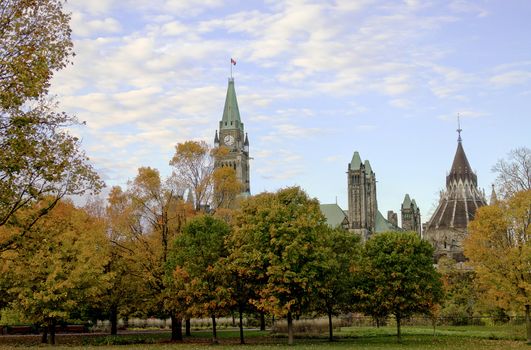 The Canadian Parliament Centre Block and Library seen from Major's Hill Park in Ottawa Canada.