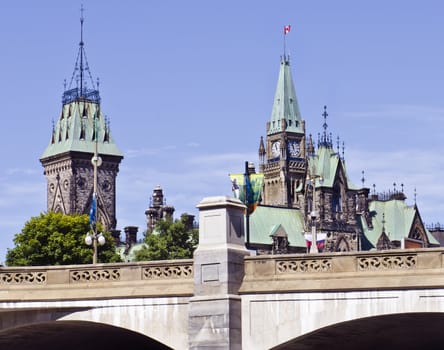 The Canadian Parliament Centre and East blocks behind the Plaza bridge in Ottawa Canada.