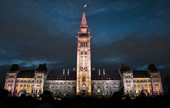 The canadian Parliament during the sound and light show in Ottawa, Canada.