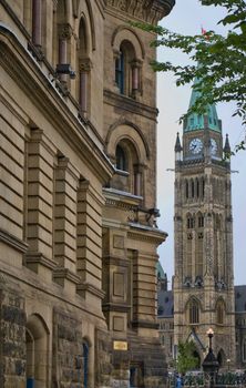 The canadian Parliament Centre and Langevin blocks in Ottawa Canada.