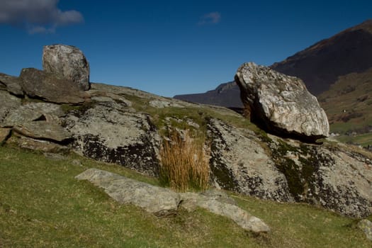 An arrangement of rocks and grasses giving a surreal, abstract face in the landscape.