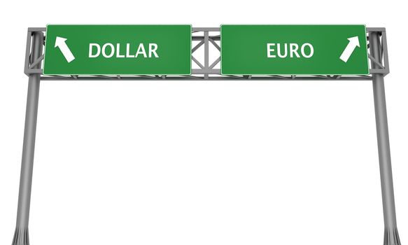 Highway sign displaying Dollar and Euro in opposite direction