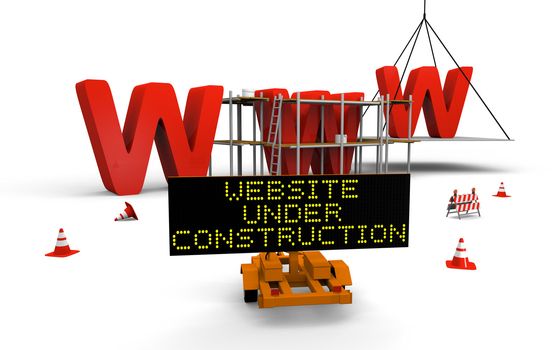 Concept of building website with letters www being built and painted, traffic sign, barriers and cones spread across