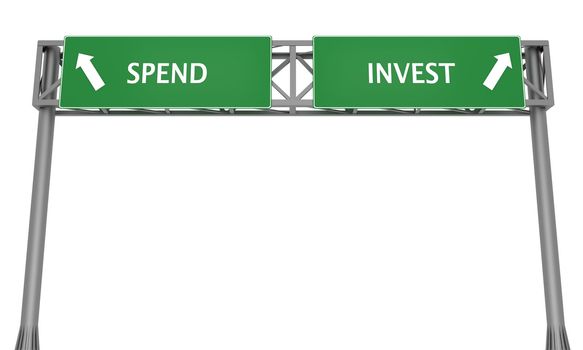 Highway sign displaying spend or invest financial dilemma