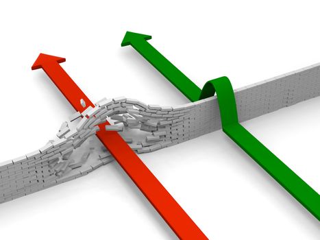 Arrows breaking through and avoiding brick wall, concept of overcoming obstacles