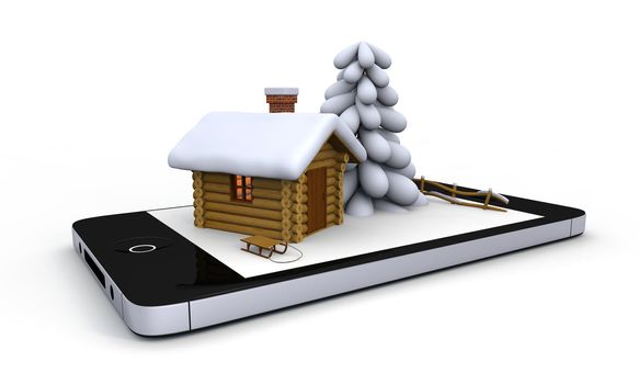 Little log cabin with winter theme on white screen of a mobile phone.