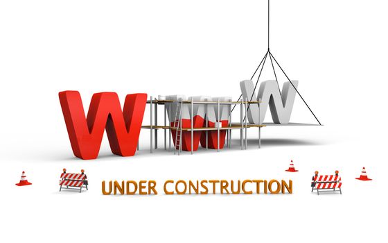 Simple website under construction concept with letters www being built and painted red, with traffic barriers and cones spread across
