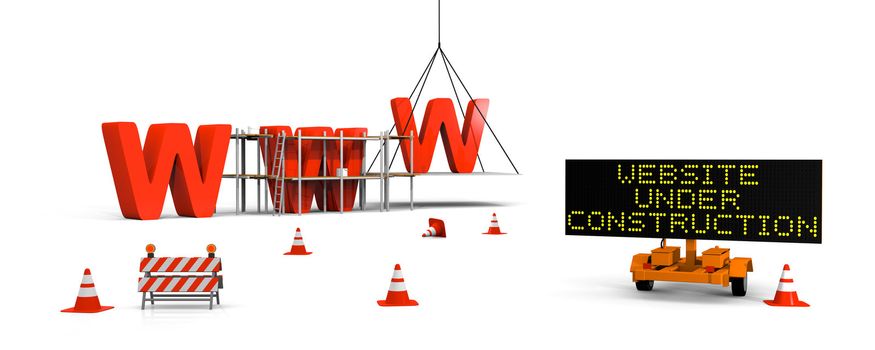 Concept of building website with letters www, signboard and barriers and traffic cones