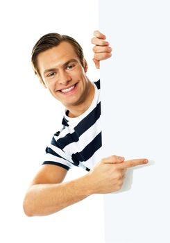 Handsome person pointing on blank signboard isolated against white background