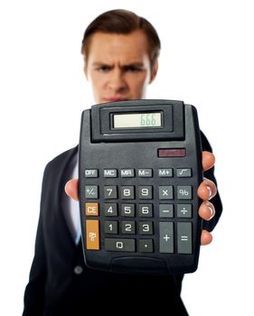 Businessman holding a calculator on a white background