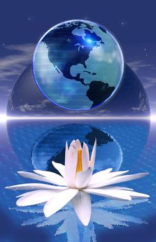 Earth globe and white lotus flower - meditation concept