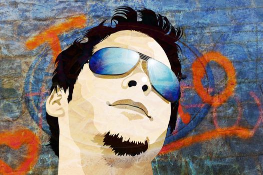 Illustration of young male model wearing sunglasses over grunge texture background