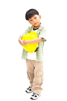 Asian Baby boy in yellow helmet holding hammer - isolated on white background